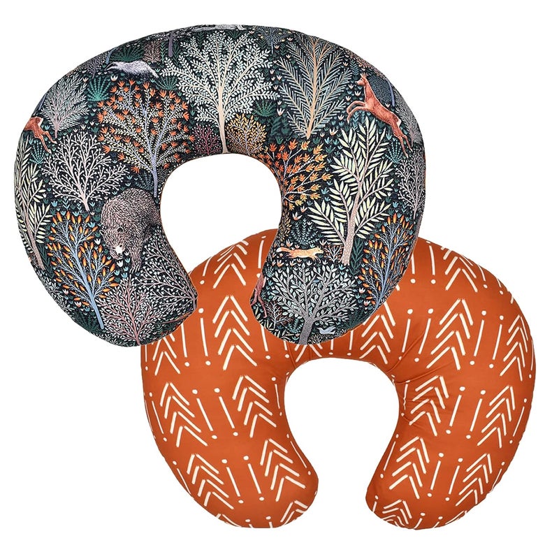 Winmany 2 Pack Baby Nursing Pillow Cover Newborn U-Shaped Breastfeeding Pillowcase Cushion Cover Stretchy Replaceable Forest&Floral Pillow Cover Slipcover 22.5x18 (Forest + Retro Geometry) - Image 1